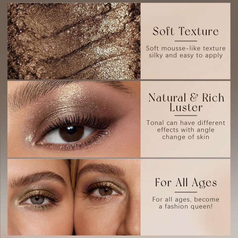 Noerrors Golden Brown Satin Gloss Glitter Eyeshadow Palette, Sparkly Pearl Multi-Dimensional Metallic Eyeshadow Stereo for Women, Pigmented Smudge Proof Blendable Smooth 3D Shimmer Cream Eye Shadow - Image 3